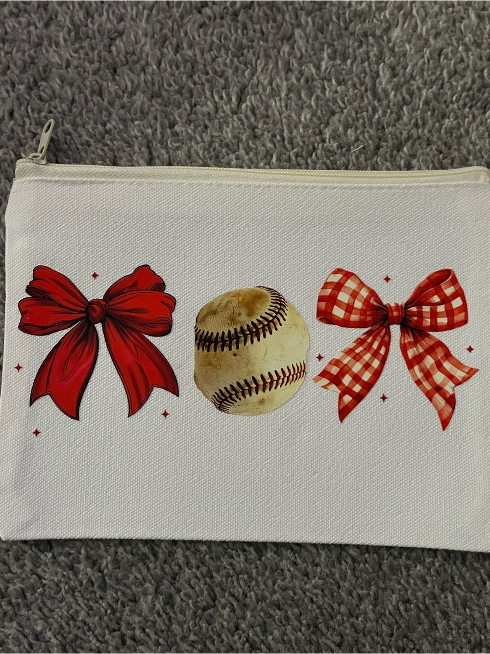 White Canvas Pouch with Red Bows and Baseball Print